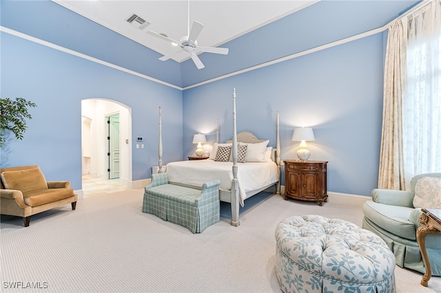 bedroom featuring multiple windows, ceiling fan, high vaulted ceiling, and light colored carpet