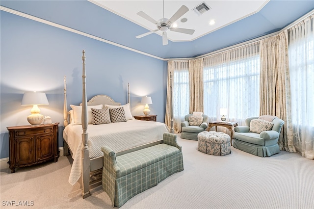 bedroom with carpet floors, ceiling fan, and ornamental molding