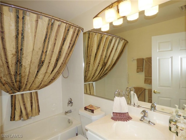 full bathroom featuring vanity, toilet, and shower / bathtub combination with curtain