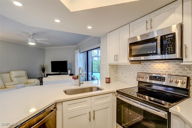 kitchen featuring sink, ceiling fan, ornamental molding, white cabinetry, and stainless steel appliances