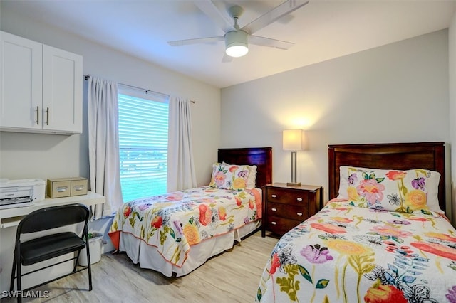 bedroom featuring ceiling fan and light hardwood / wood-style flooring