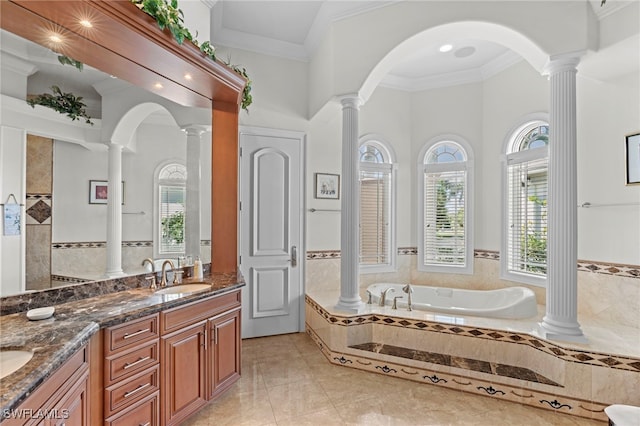 bathroom featuring ornamental molding, tile patterned flooring, plenty of natural light, and vanity