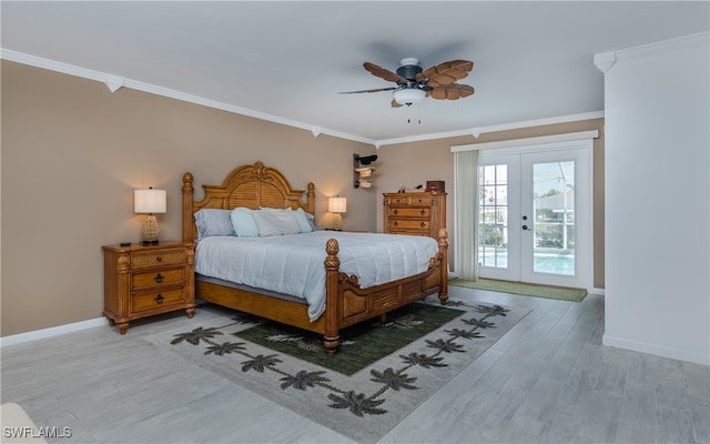 bedroom featuring french doors, light hardwood / wood-style floors, access to exterior, ceiling fan, and crown molding