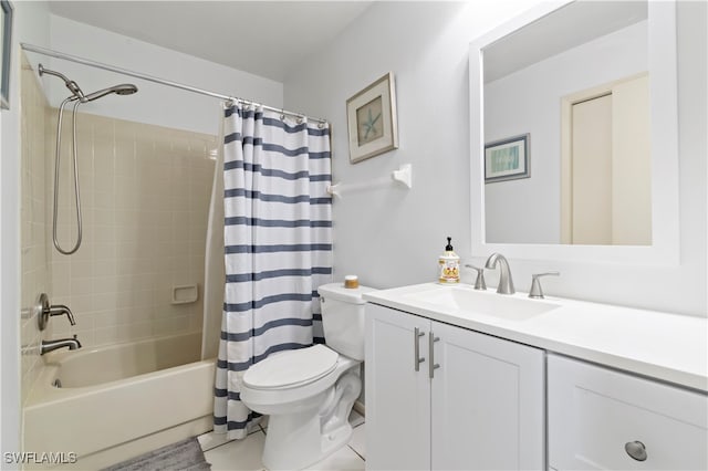 full bathroom with shower / tub combo with curtain, vanity, toilet, and tile patterned flooring