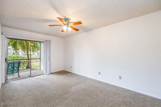 unfurnished room with baseboards, a textured ceiling, a ceiling fan, and carpet flooring