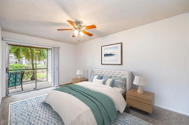 bedroom with carpet, ceiling fan, a textured ceiling, access to outside, and baseboards