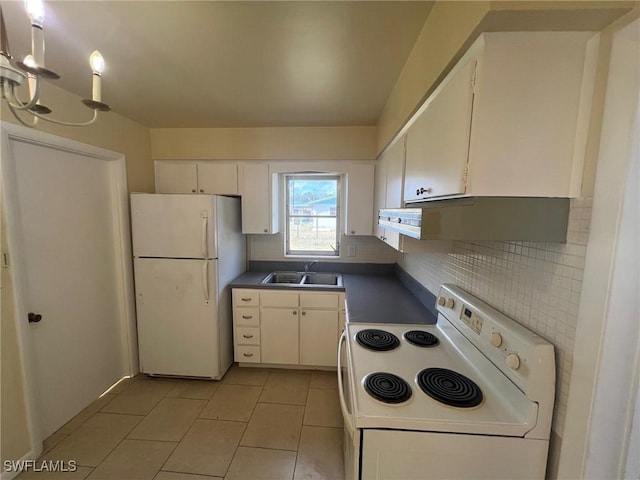 kitchen with backsplash, white appliances, sink, white cabinets, and light tile patterned flooring