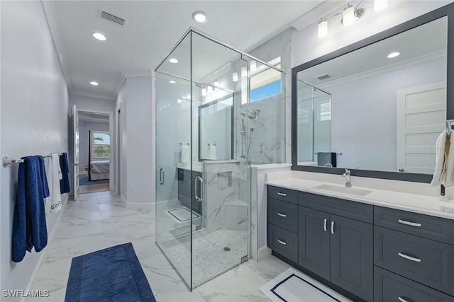 bathroom featuring vanity, walk in shower, and crown molding