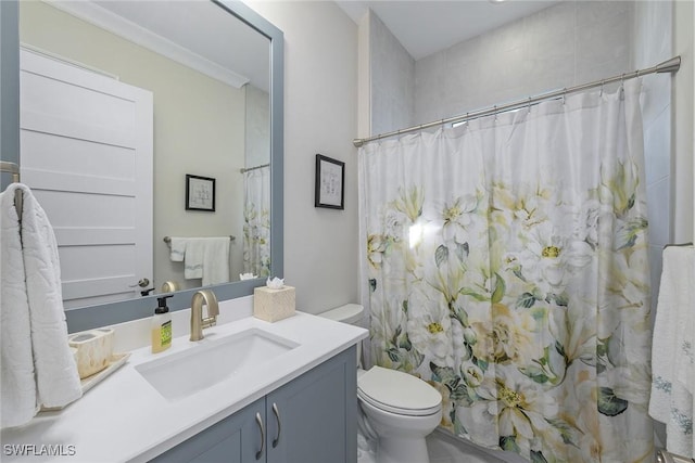 bathroom featuring a shower with curtain, vanity, and toilet