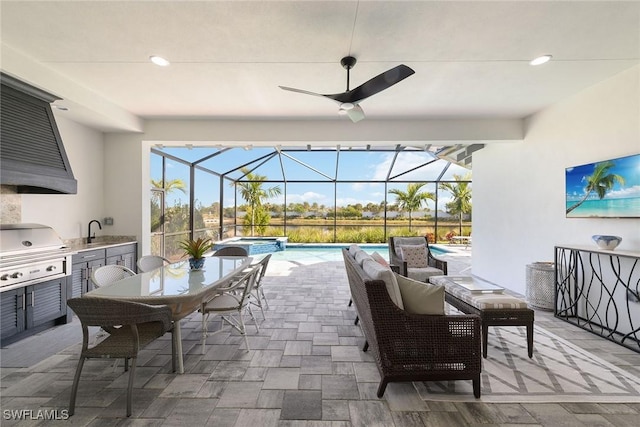 view of patio / terrace with glass enclosure, sink, a pool with hot tub, a grill, and area for grilling