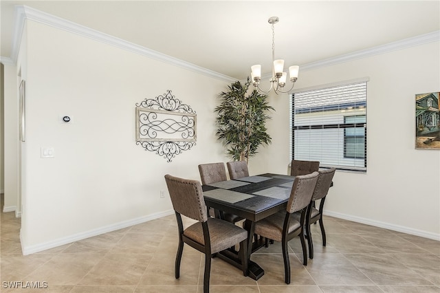 tiled dining area with a notable chandelier and crown molding