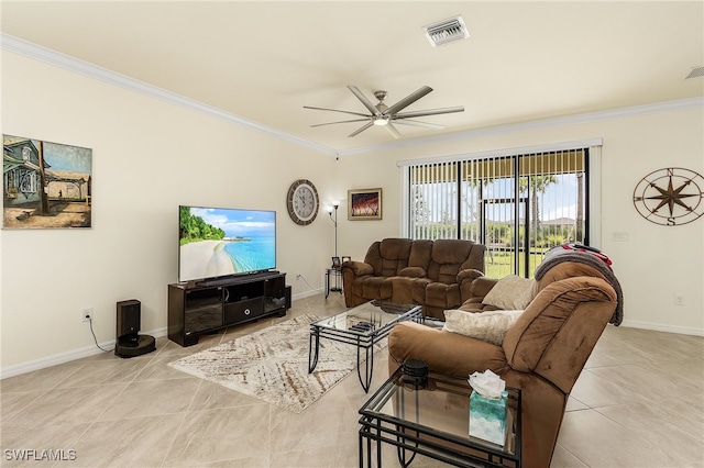 tiled living room featuring ornamental molding and ceiling fan