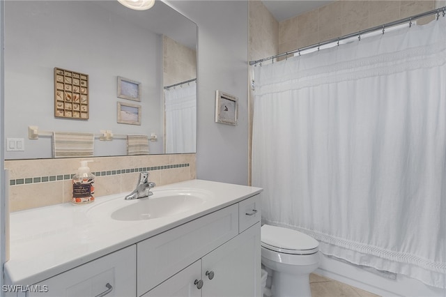 full bathroom featuring shower / bathtub combination with curtain, backsplash, vanity, tile patterned floors, and toilet