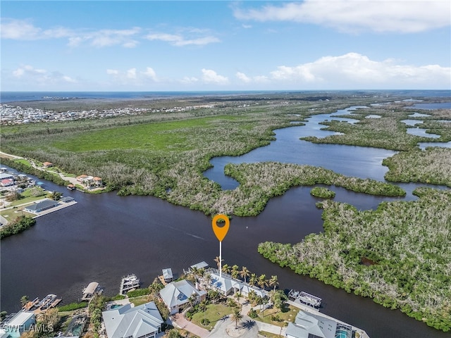 drone / aerial view featuring a water view