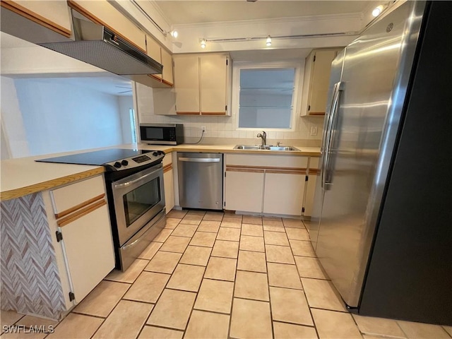 kitchen featuring light tile patterned flooring, sink, white cabinets, decorative backsplash, and stainless steel appliances