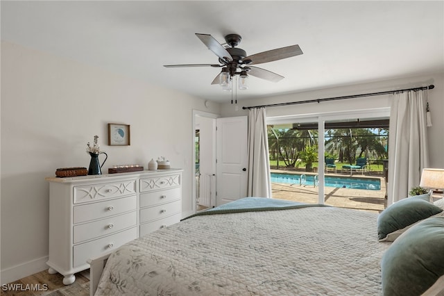 bedroom featuring wood-type flooring, ceiling fan, and access to outside