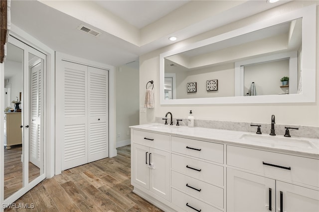 bathroom featuring a tray ceiling, vanity, and hardwood / wood-style flooring