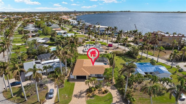 drone / aerial view featuring a water view