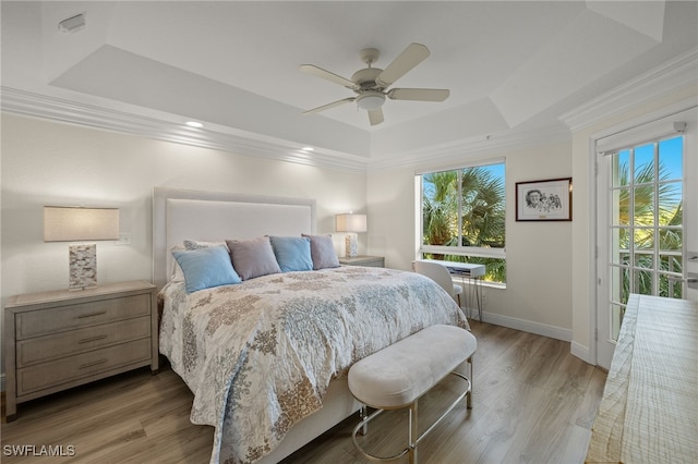 bedroom featuring light hardwood / wood-style flooring, a raised ceiling, and multiple windows