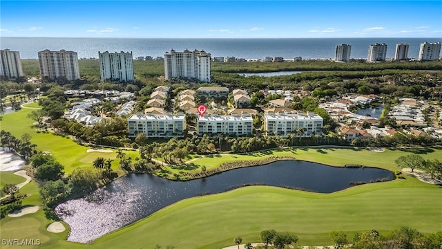 bird's eye view with a water view