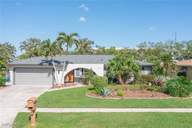 ranch-style home featuring a front lawn and a garage