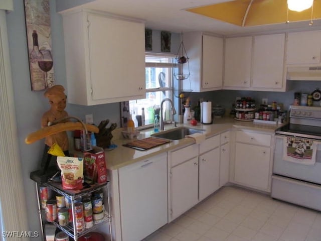 kitchen with white cabinets, sink, white electric range oven, and range hood