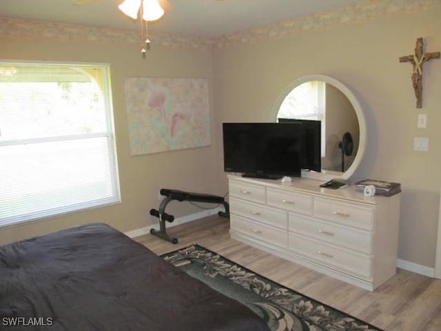 bedroom featuring light hardwood / wood-style floors and multiple windows