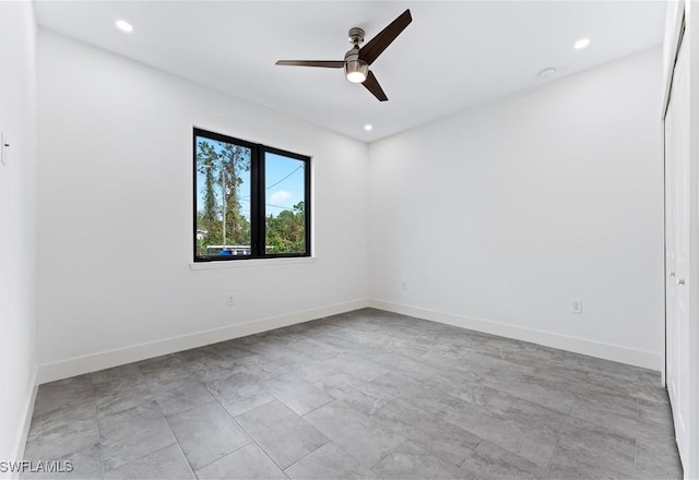 unfurnished room with baseboards, a ceiling fan, and recessed lighting