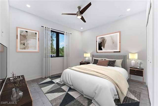 bedroom featuring a ceiling fan, recessed lighting, and baseboards