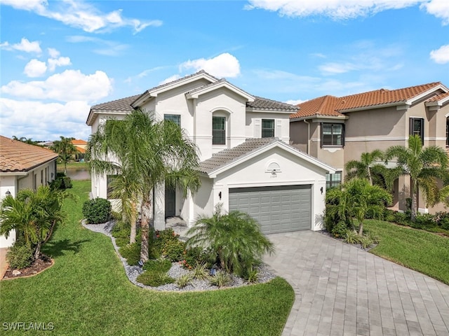 11604 Meadowrun Cir, Fort Myers, FL 33913 - mediterranean / spanish house with a tile roof, stucco siding, driveway, a front lawn, and a garage