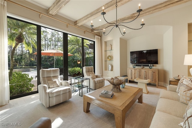 living room featuring beamed ceiling, a chandelier, and built in features