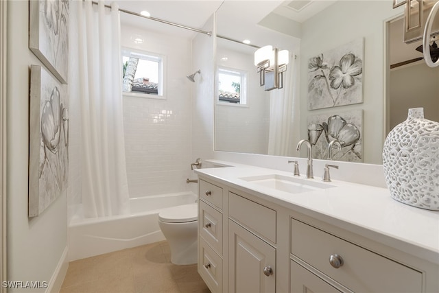 full bathroom featuring toilet, shower / tub combo, vanity, and tile patterned floors