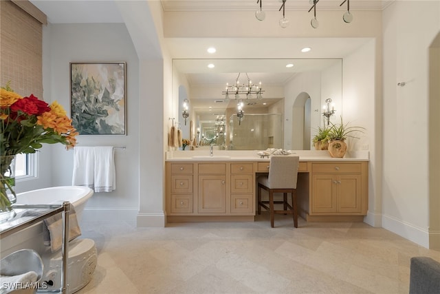 bathroom featuring vanity, crown molding, plus walk in shower, and an inviting chandelier