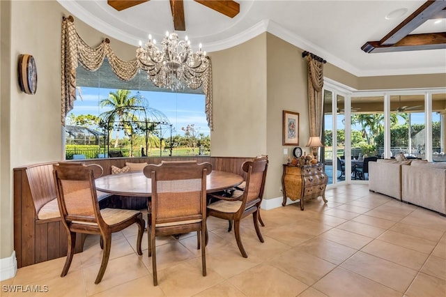 tiled dining room featuring ceiling fan with notable chandelier and crown molding