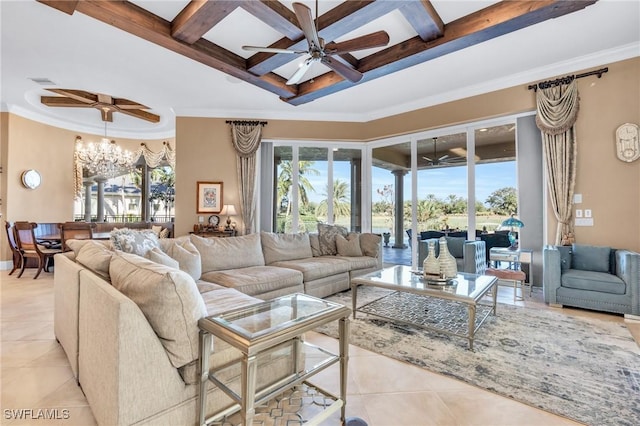 living room with light tile patterned floors, ceiling fan with notable chandelier, ornamental molding, and coffered ceiling