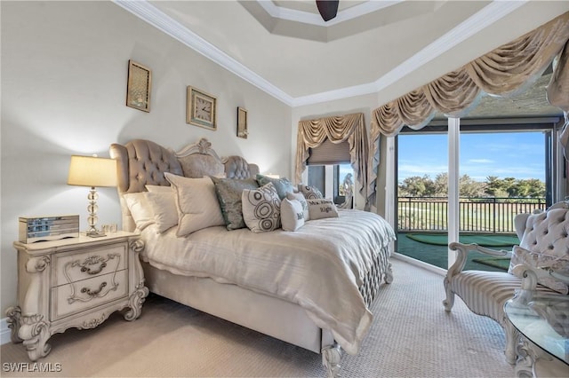 bedroom with carpet, ceiling fan, crown molding, and access to outside