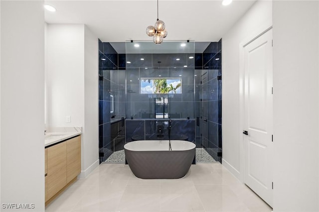 728 SW 8th Ter, Cape Coral, FL 33991 - full bathroom with a shower stall, vanity, recessed lighting, a freestanding tub, and baseboards