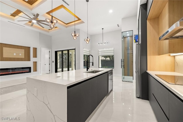 728 SW 8th Ter, Cape Coral, FL 33991 - kitchen featuring modern cabinets, a sink, black electric stovetop, recessed lighting, and coffered ceiling