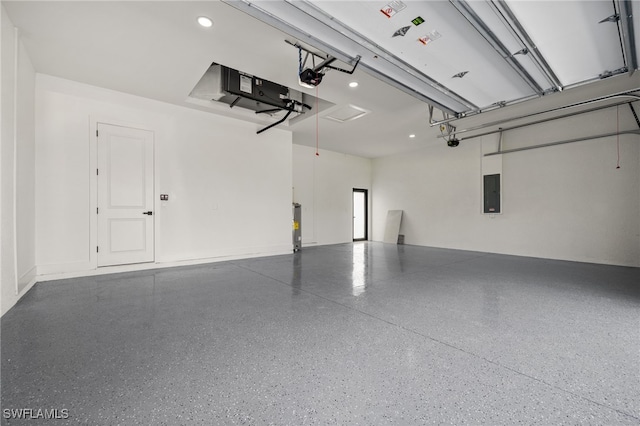 garage with electric water heater, electric panel, and a garage door opener