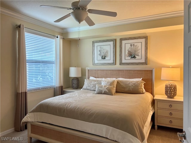 bedroom with ceiling fan, ornamental molding, and light colored carpet