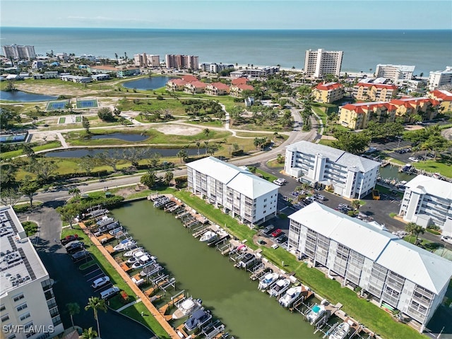 drone / aerial view with a water view