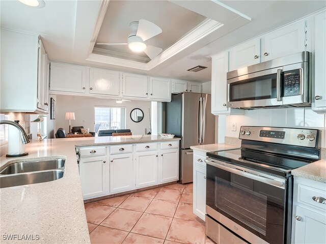 kitchen with a tray ceiling, white cabinetry, and stainless steel appliances