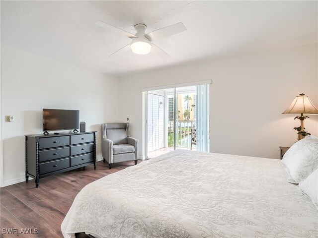 bedroom featuring access to outside, ceiling fan, and dark hardwood / wood-style floors