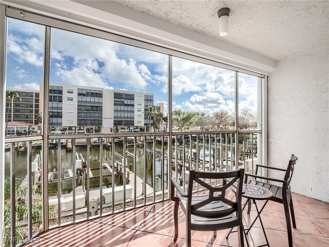 interior space featuring a water view