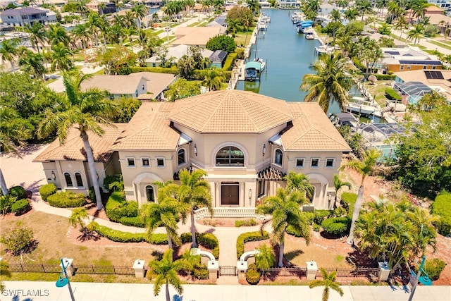 bird's eye view with a water view