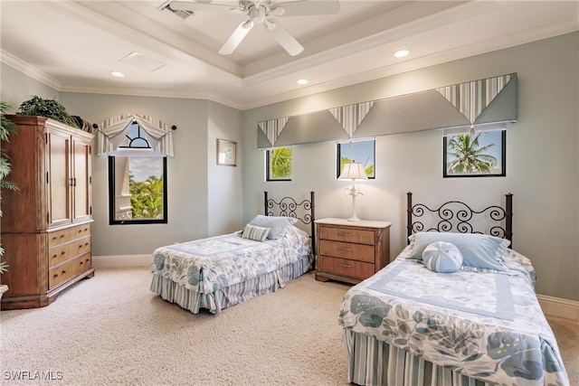 carpeted bedroom featuring ornamental molding and ceiling fan