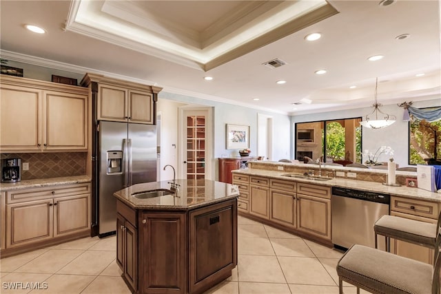 kitchen with stainless steel appliances, hanging light fixtures, sink, and a raised ceiling