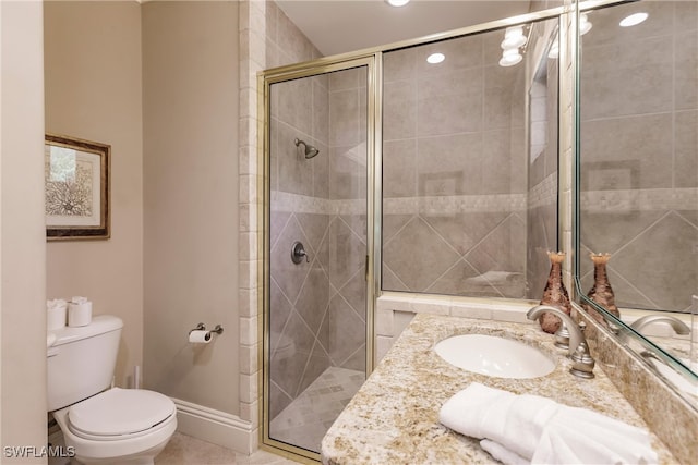 bathroom with tile patterned flooring, vanity, toilet, and a shower with door