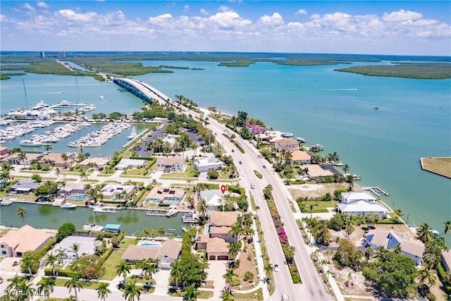 aerial view featuring a water view