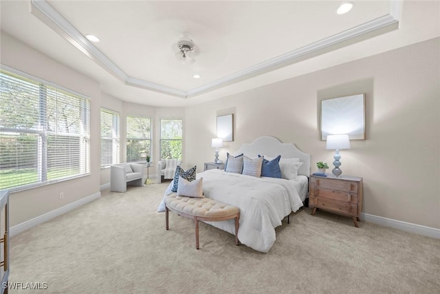 bedroom featuring baseboards, a tray ceiling, crown molding, carpet floors, and recessed lighting